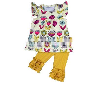 Solid color ruffle capri kids clothes set flutter sleeve girls flower outfit