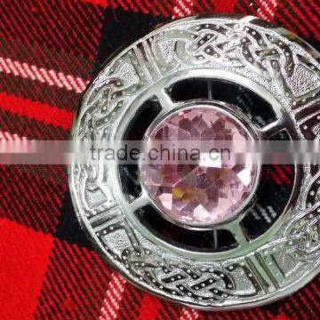 Celtic Design Piper Plaid Brooch With Pink Stone In Chrome Finish Made Of Brass Material