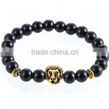 Gold plated alloy lion jewelry Buddhism obsidian bead bangle fashion bracelet 2016