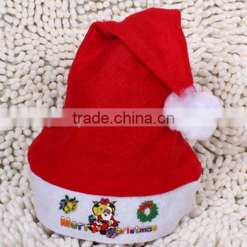 New premium red traditional pattern polyester Xmas cap felt santa hat decoration with printed Santa Claus garland bell