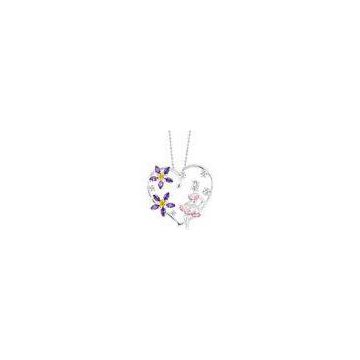 Girl Silver Necklace Pendant , Heart shape Purple Zircon Flower Pendant
