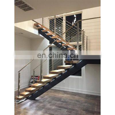 Duplex house glass floating stairs solid wood tread staircase with led light step