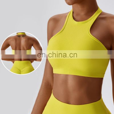 Soft Ribbed Halter Neck Backless Crop Sports Bras Yoga Four Way Stretch Tank Women Top