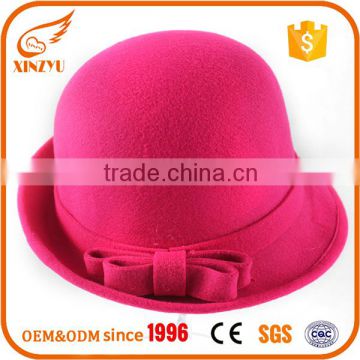 Top selling woman round felt hat pink 100% wool fedora hat with bow                        
                                                                                Supplier's Choice