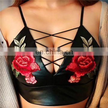 Embroidered PU Leather Harness Sling Shirt Underwear Bra Crop Tops