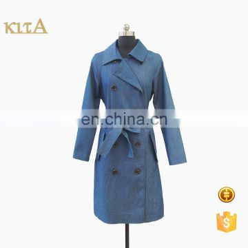 Two-way collar casual style blue coat with ribbon blet