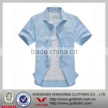 Chest Pocket Short Sleeve Dress Shirts For Men Blue Color Cotton Fiber