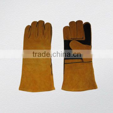 Gold cow split leather welding glove with reinforcement on palm