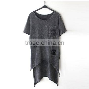 Casual Short in Front Long in Back Short Sleeve Chiffon Black T-Shirt