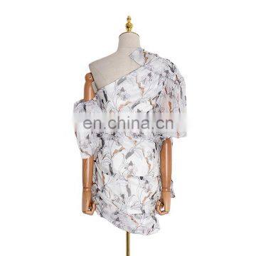TWOTWINSTYLE Spring Print Ruched Dress For Women One Shoulder Puff Sleeve High Waist fashion