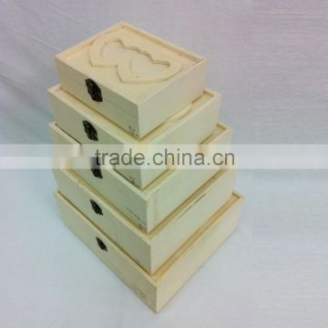 set of 5 unfinished small wooden box with heart-shape pattern lid poplar