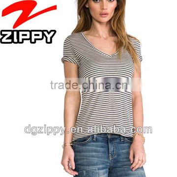 Short Sleeve V-Neck Navy/Beige Stripe women plain t-shirt