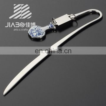 China blue white porcelain metal bookmarks pendant silver bookmark for gift