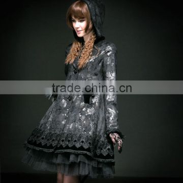 LY-046 gothic punk lolita style women rose pattern lace long dress coat with hooded
