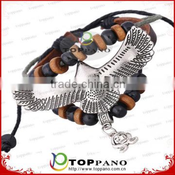 Top quality leather bracelet manufacturer metal stainless steel charm leather bracelet jewelry