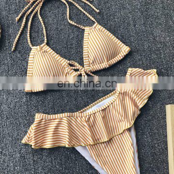 Bikini Set Women Swimming Suit Striped Ruffles Split Swimsuit Sexy Wire Free Beach Wear Push Up Bikini 2019 Sexy Swimwear Female