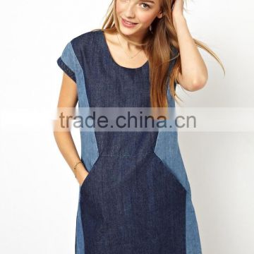 2015 fashion high quality fashion girls short sleeve loose denim dress with contrast color