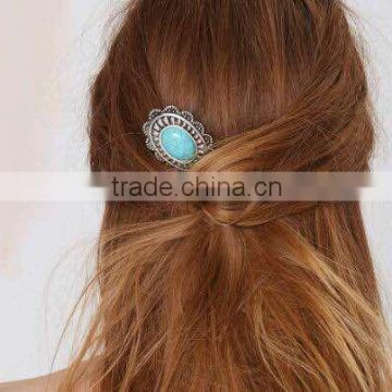 Yiwu factory antique silver hair clip with faux turquoise stone cab