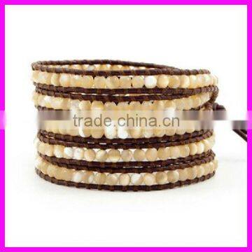 KJL-BL8050 Natural Round White Coral Wrap Bracelet Gemstone Leather Wrap bangles