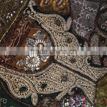 Multi color Indian Vintage fabric patchwork beads sequins tapestry table runner placemat
