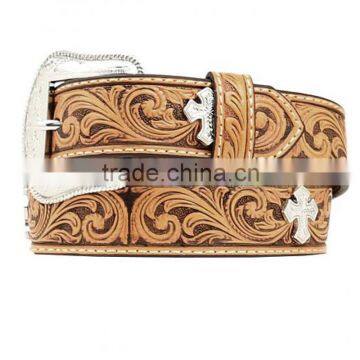 Western silver-tone buckle belt cowboy and cowgirl embossed cross concho belt