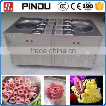 commercial manual flat double pan fried ice cream roll machine with cold storage