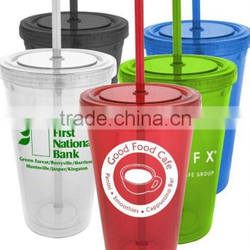 Plastic double wall drinking mug Straw cup - 16OZ