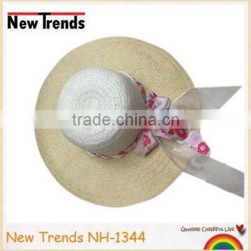 Two colors patch work paper summer straw hat with flower ribbon