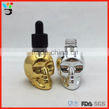 Outer Electroplating Gold Or Sliver Mecury Beautiful Glass Skull Head Dropper Bottle