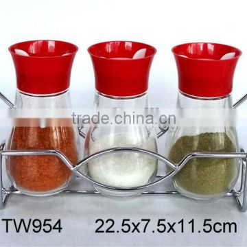 TW954 3pcs glass spice jar set with metal rack