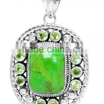 925 Sterling Silver Green Copper Turquoise & Peridot Ethnic Pendant NEW WHOLESALE ITEM Jewellery