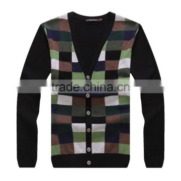 100% fine wool men's knitwear cardigan with check pattern