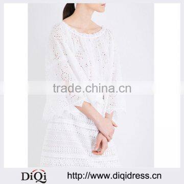 Customized Wholesale Lady's Apparel Front Pleated Round Neck Cotton-blend Lace Top(DQM002T)