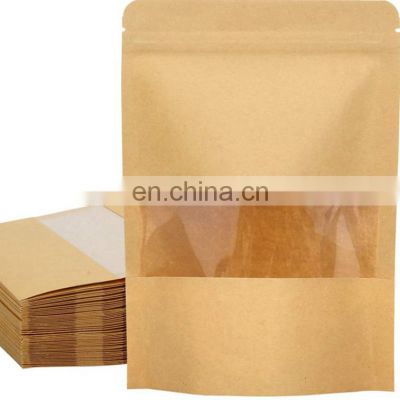 Biodegradable custom printed sustainable packaging stand up pouch kraft paper bag with window for rice