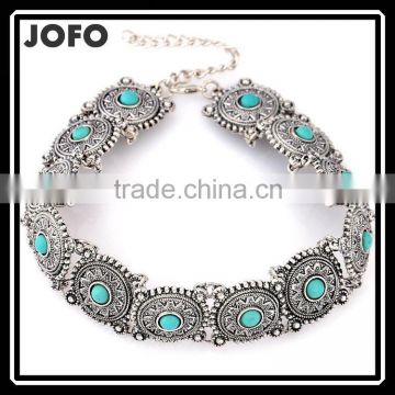 Tibetan Silver Plated Alloy Chain Mosaic Turquoise Statement Boho Choker Necklace