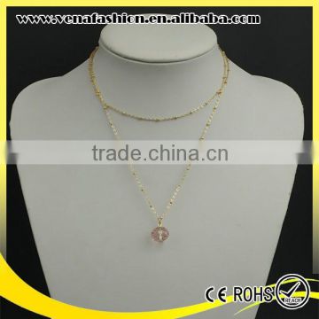 pink crystal pendant cupreous beads long chain necklace