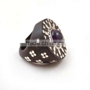 Handmade Ebony Wood Ring With 925 Sterling Silver With Amethsyt