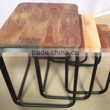 Vintage Wooden Iron Furniture Set of 3 Wooden Top Stool