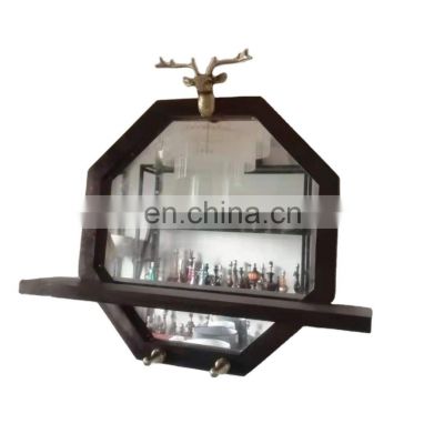 Wall Mounted hexagon mirror with customized color wooden frame Hanging Storage Display makeup mirror shelf Wall Decor