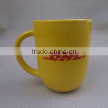 Yellow color glazed 12oz ceramic coffee mug with custom logo printing