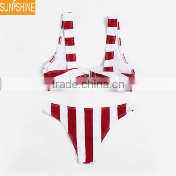 Lady Two-Piece Suit Mature Red Stripe Crop Top High Cut Brazilian Swimsuit
