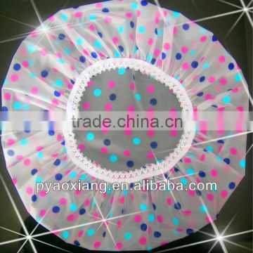 New style factory supply fancy blue and red dots printed environmently friendly shower caps or hats for hotel and home,etc.