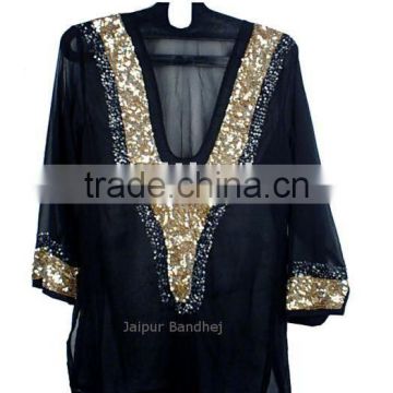 Beautiful Black Embellished Kurti Tunic Tops Sequins Embroidered Short Kurti Tunics Tops Very Beautiful Beachwear Kaftan Tunics