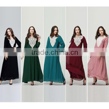 2016 Summer Women Ethnic Latest Fashion Dresses Ladies Pearl Chiffon Elastic Sleeve Mercerized Lining Lace Muslim Long Dress