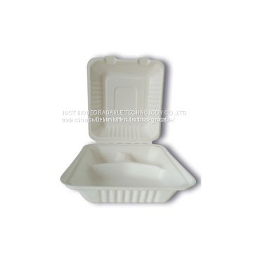 JUST disposable paper pulp bagasse food container 3Compartment Clamshell H8