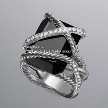 925 Silver Jewelry 20x15mm Black Onyx Cable Wrap Ring(R-264)