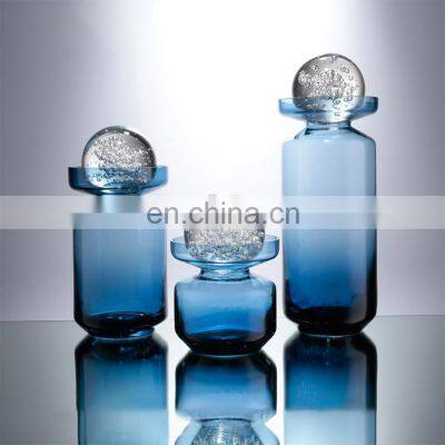 Factory Cheap Modern Crystal Ball Decoration Blue Glass Flower Vases Cylinder