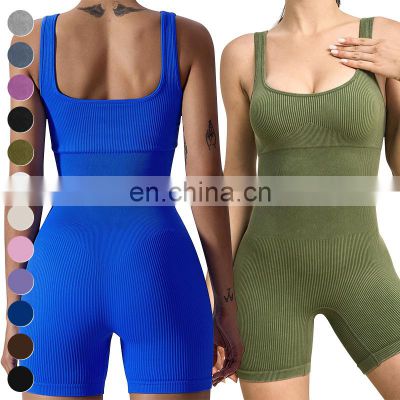 Square Neck Butt Lifting One Piece Jumpsuits Custom Workout Wear Gym Fitness Bodysuit Ribbed Seamless Yoga Jumpsuit For Women
