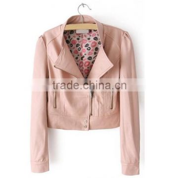 2015 Slim Fancy Pink Solid PU Leather Lady Casual Short Motorcycle Jacket