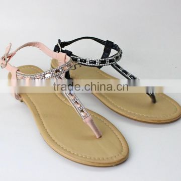 wholesales women fashion flat sandals with rhinestone beaded T strap